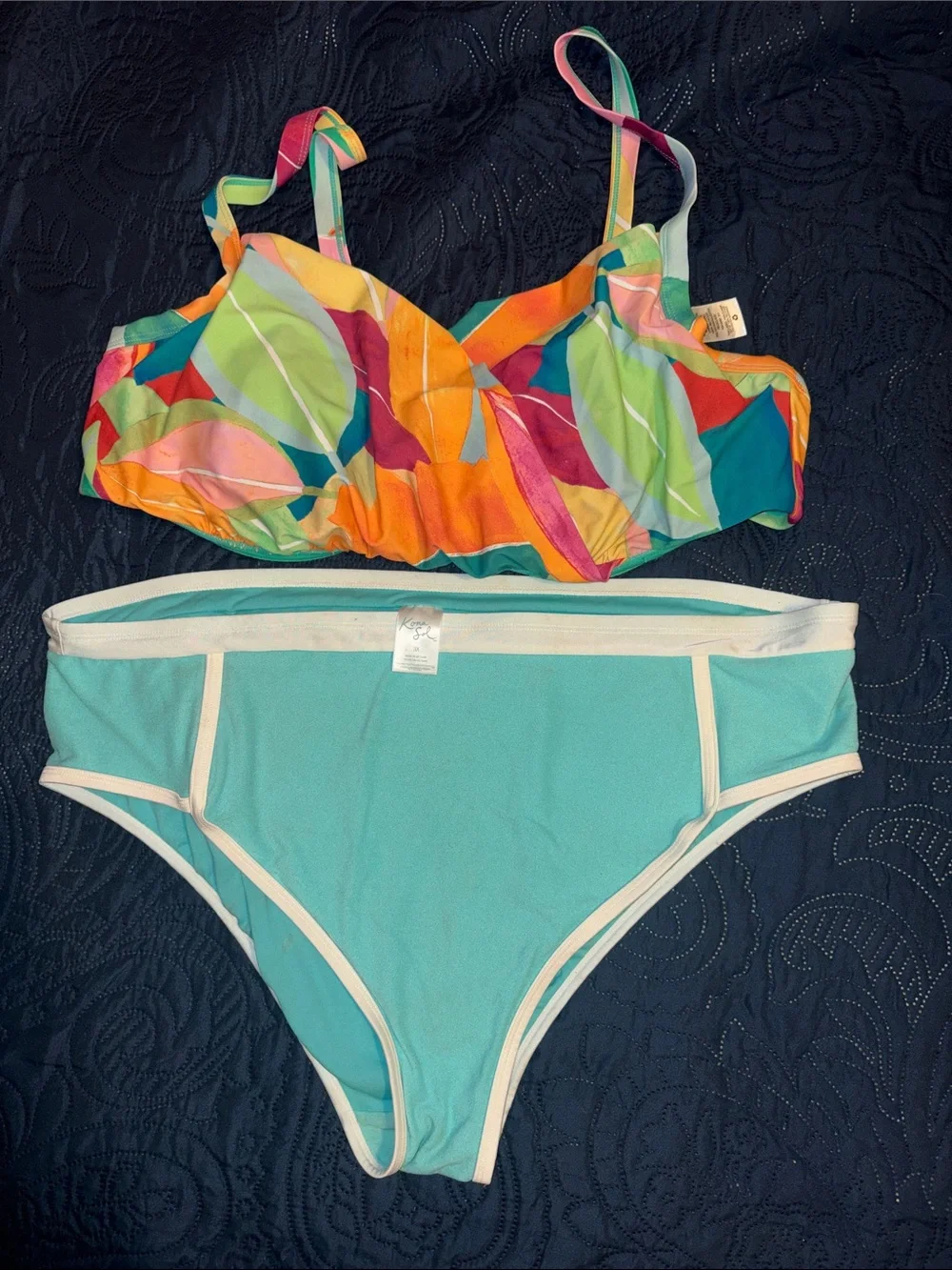 Kona Sol Multicolor Abstract Print Bikini Top with Teal Bikini Bottom